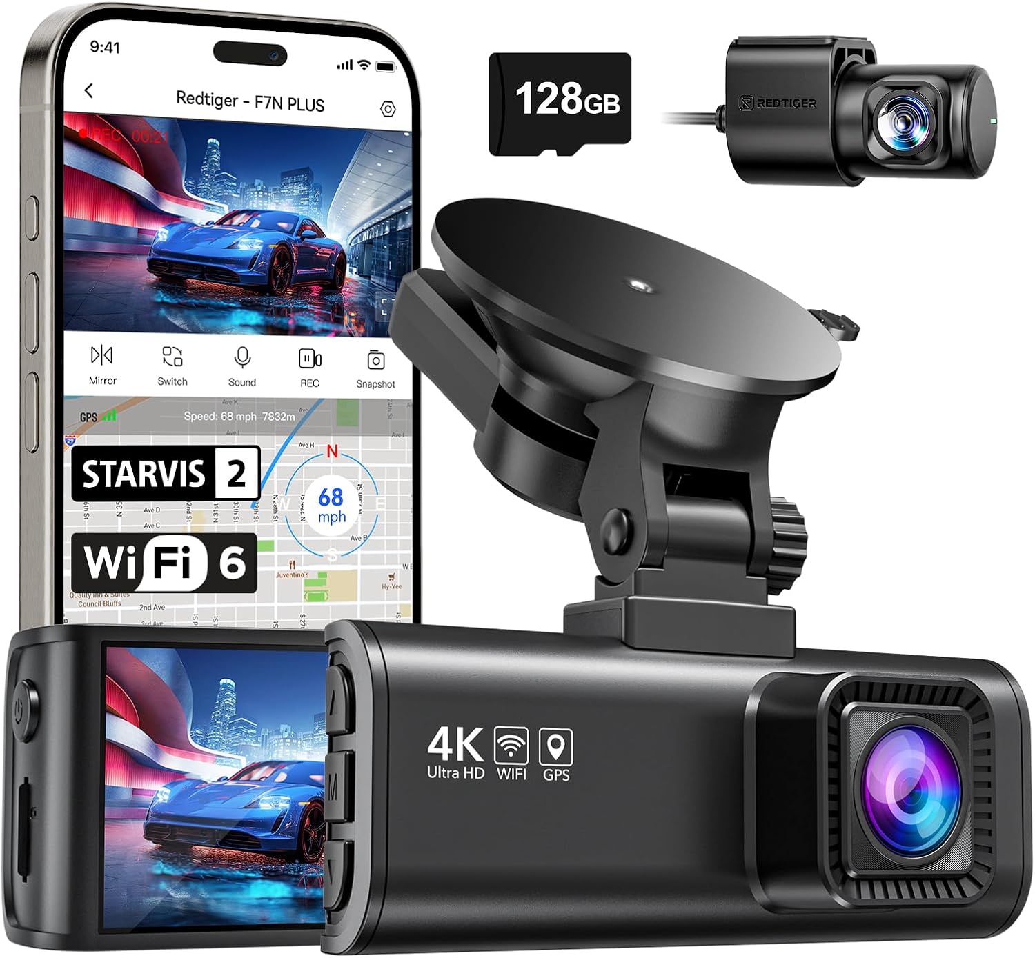 REDTIGER 4K dash cam with front and rear cameras and mount