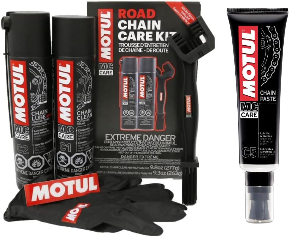 Motul motorcycle chain care kit with chain lube, cleaner, and paste