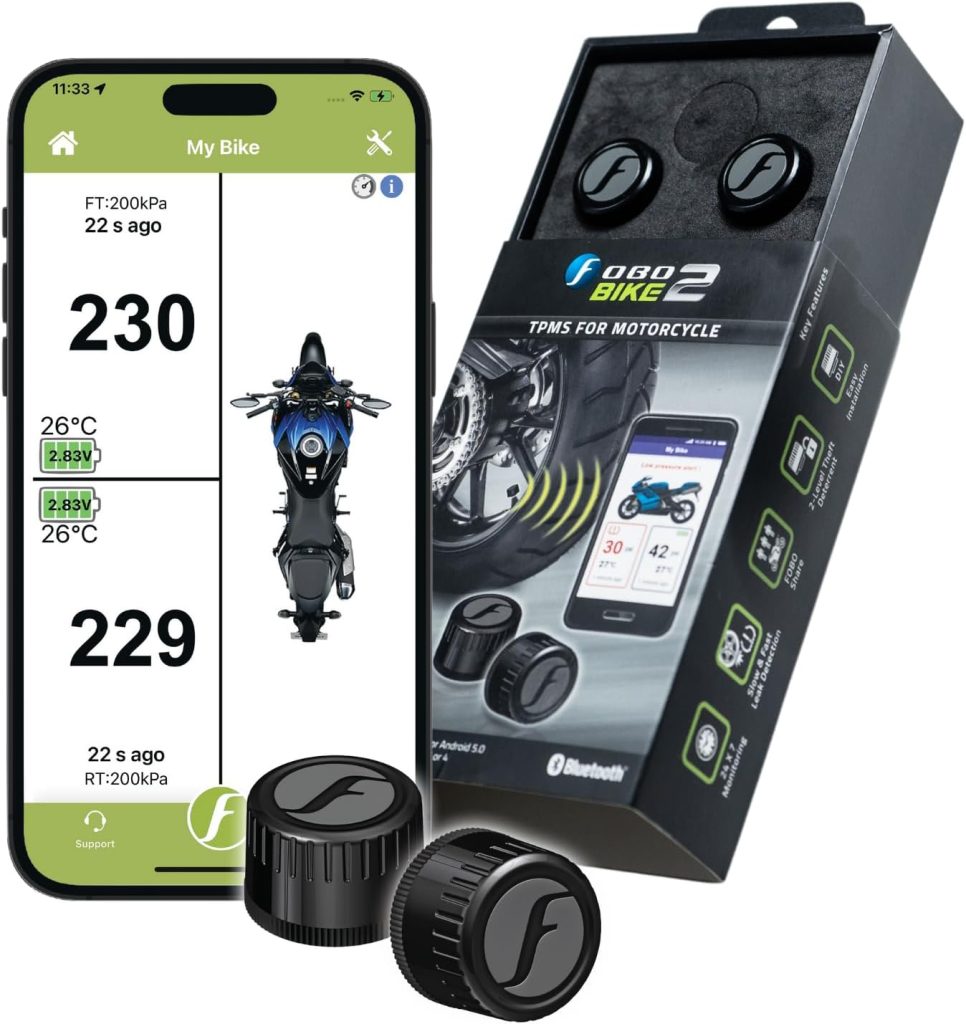 FOBO Bike 2 wireless motorcycle TPMS with app display and sensors