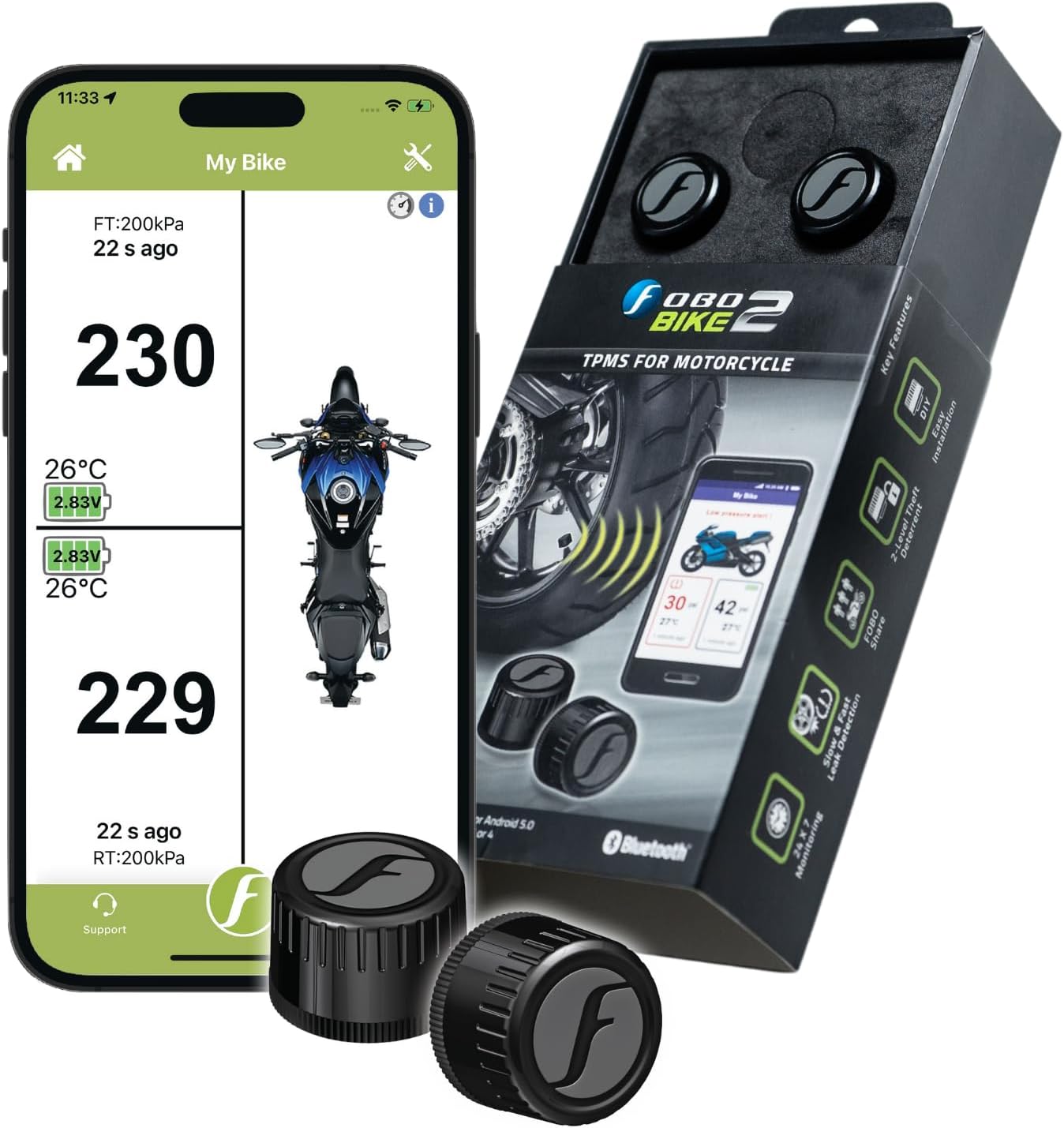 FOBO Bike 2 wireless motorcycle TPMS with app display and sensors